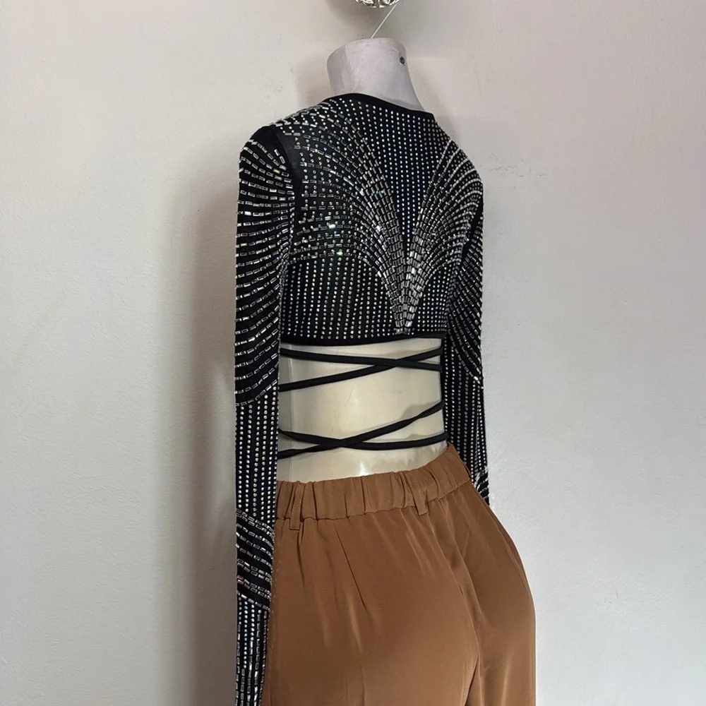 (A3)BAJUL Sheer Crop Top with Rhinestones and Trim, Size M - Picture 5 of 10